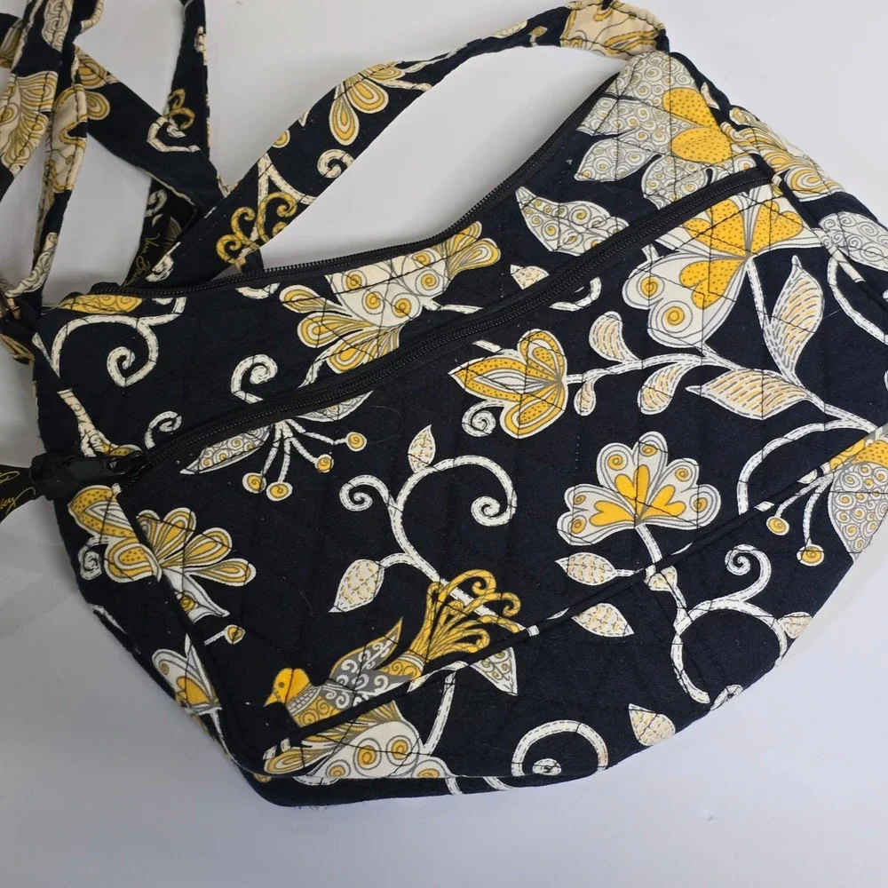 Vera Bradley Quilted Crossbody Bag Womens Black Yellow Bird Floral Boho - Picture 4 of 13